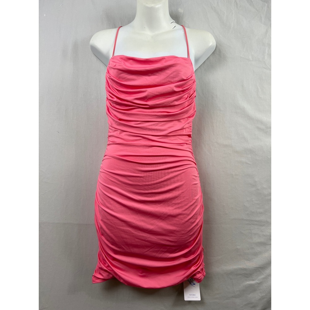 Kutumai Bodycon Mini Dress Womens Small Pink Ruched Cowl Neck Spaghetti Strap